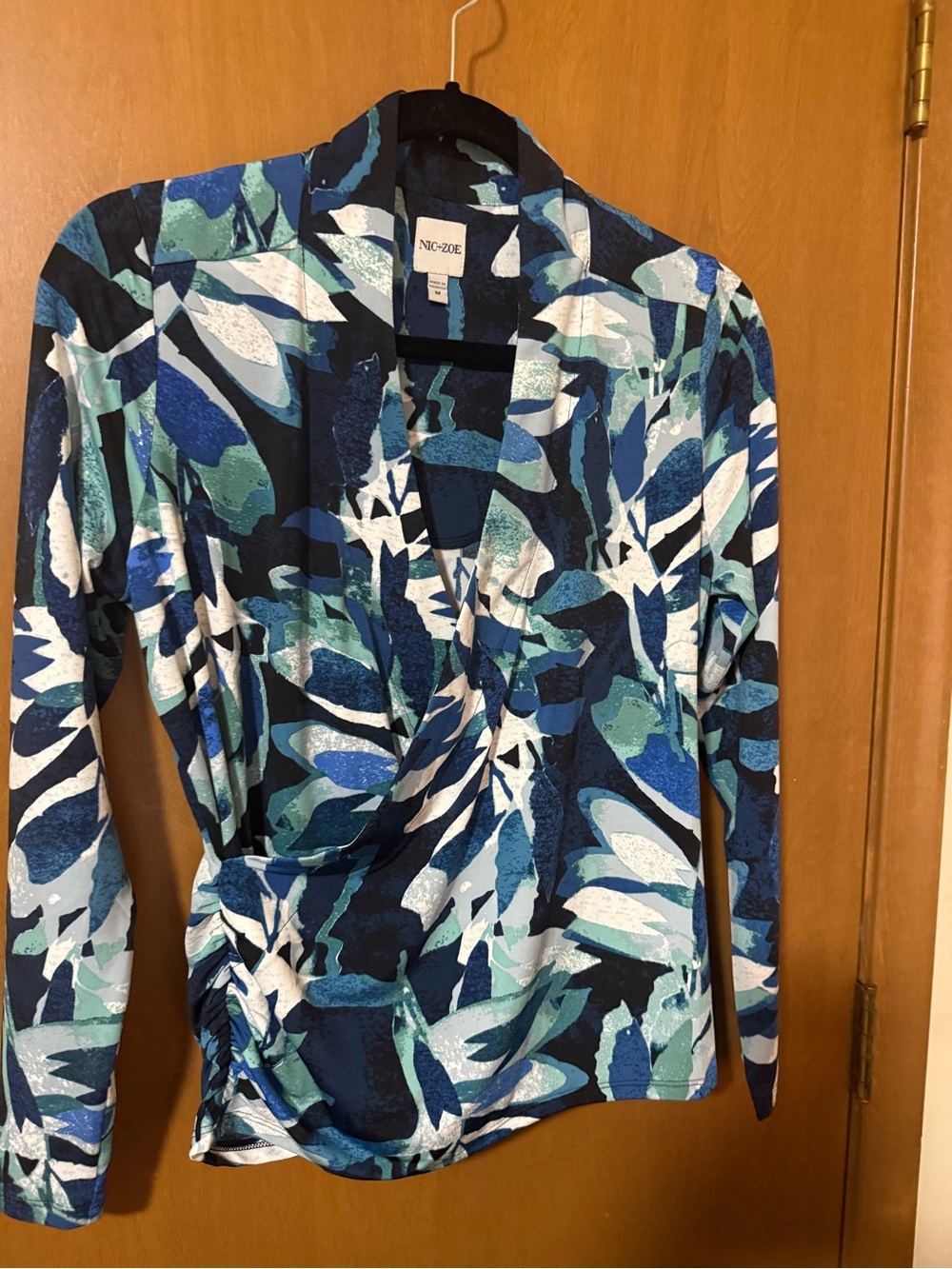 NIC+ZOE Blue and Green Abstract Wrap-Front Blouse